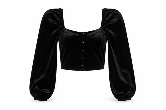 Front view of New Look Women Black Velvet Cropped Blouse, size 10, Puff Sleeve