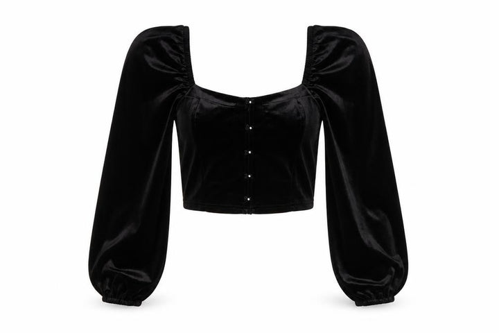 New Look Women Black Velvet Cropped Blouse Size 10 Puff Sleeve