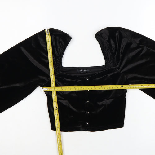 New Look Women Black Velvet Cropped Blouse Size 10 Puff Sleeve