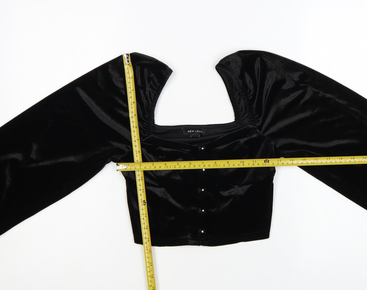 New Look Women Black Velvet Cropped Blouse Size 10 Puff Sleeve