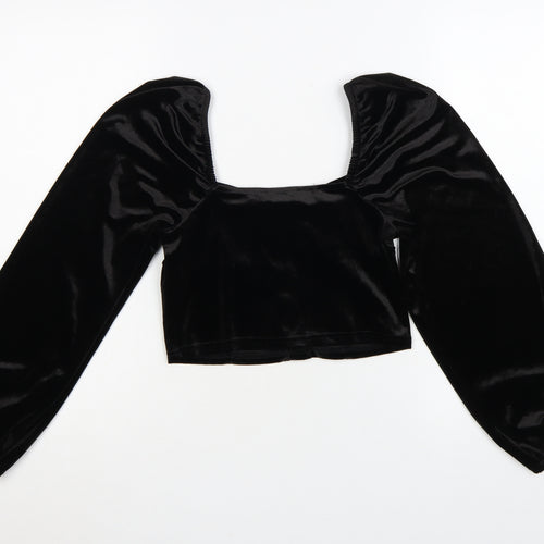 New Look Women Black Velvet Cropped Blouse Size 10 Puff Sleeve