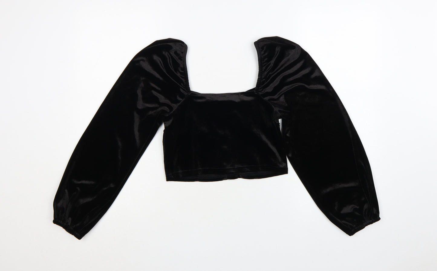 New Look Women Black Velvet Cropped Blouse Size 10 Puff Sleeve