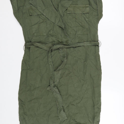 Noisy May Women Green Shirt Dress M Collared Belted Casual Utility