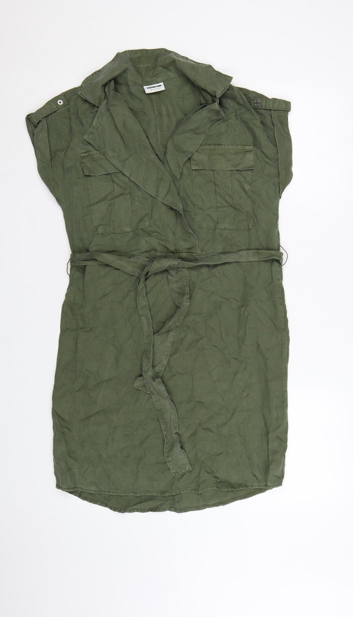 Noisy May Women Green Shirt Dress M Collared Belted Casual Utility