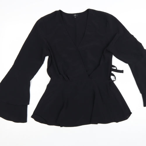 River Island Womens Black Wrap Blouse Size 10 Long Flared Sleeve