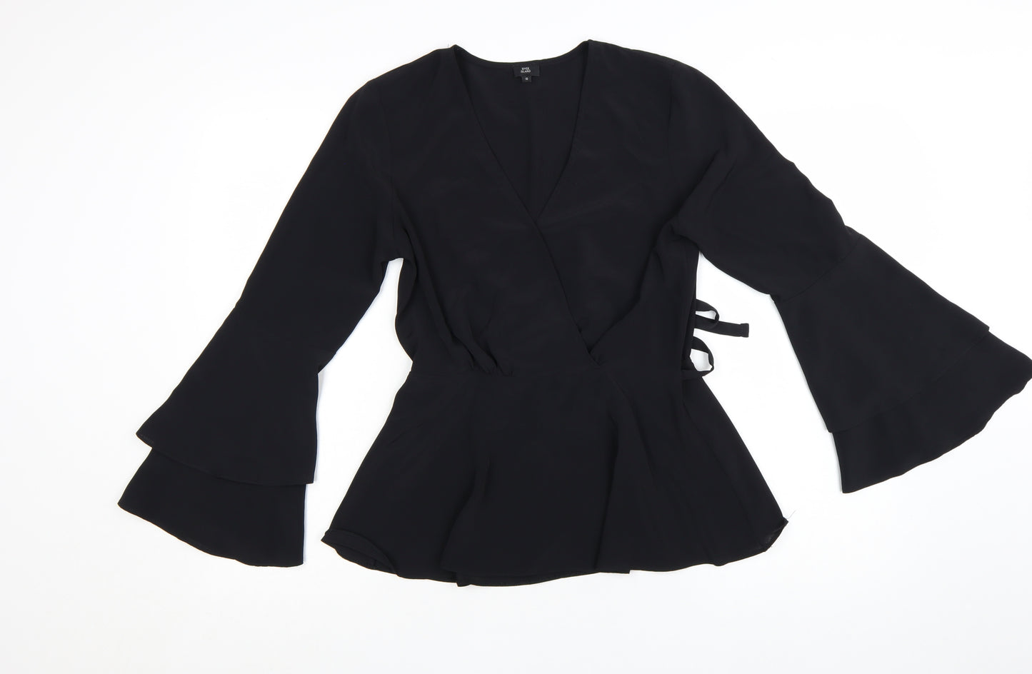 River Island Womens Black Wrap Blouse Size 10 Long Flared Sleeve