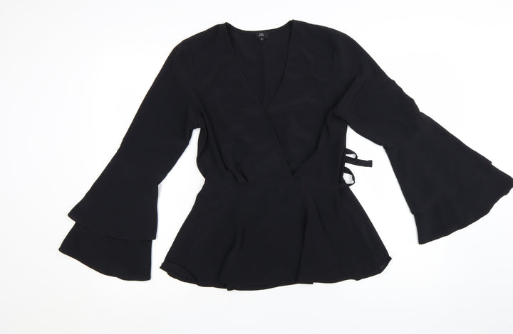 River Island Womens Black Wrap Blouse Size 10 Long Flared Sleeve