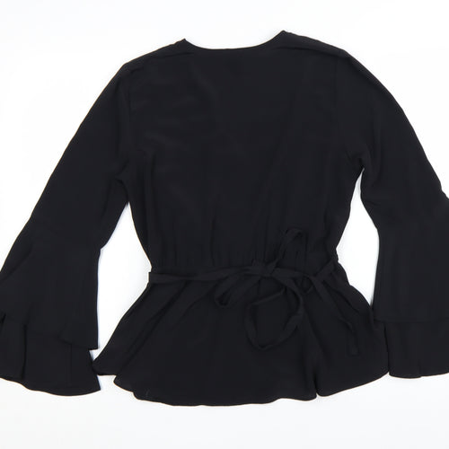River Island Womens Black Wrap Blouse Size 10 Long Flared Sleeve