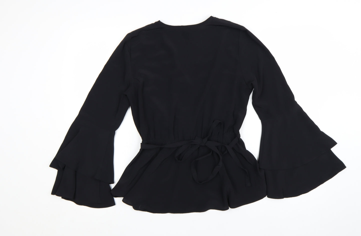 River Island Womens Black Wrap Blouse Size 10 Long Flared Sleeve
