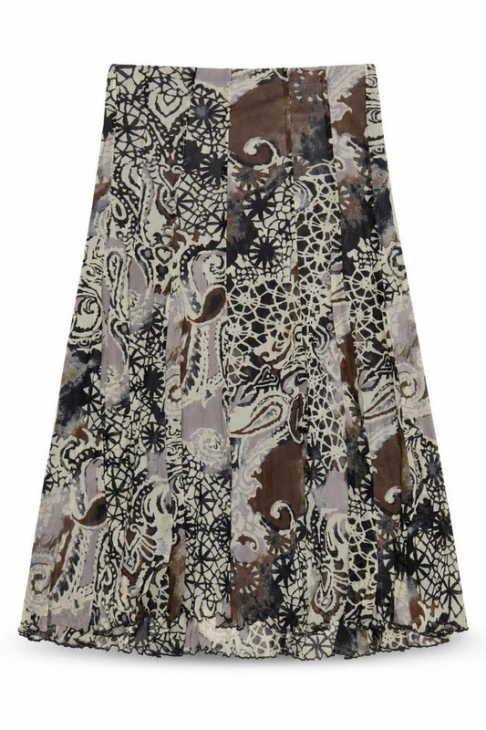 Front view of Chesca women’s brown geometric midi a-line skirt, size UK 16
