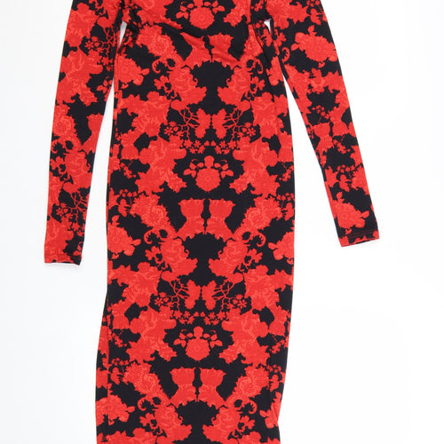 Topshop Women’s Red Floral Bodycon Dress Size 8 Long Sleeve