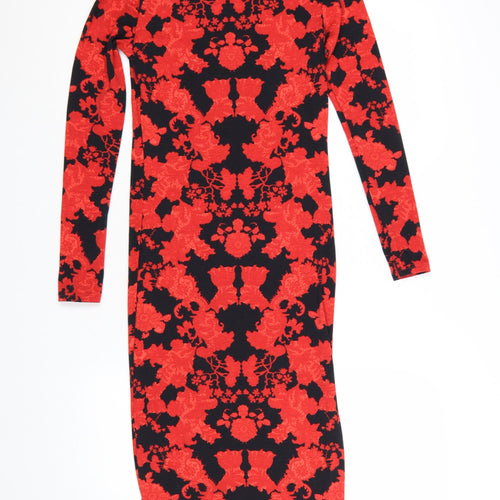 Topshop Women’s Red Floral Bodycon Dress Size 8 Long Sleeve
