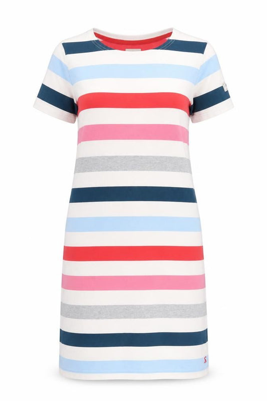 Front view of Joules Women’s Multicoloured Striped Cotton T-Shirt Dress, size UK 12