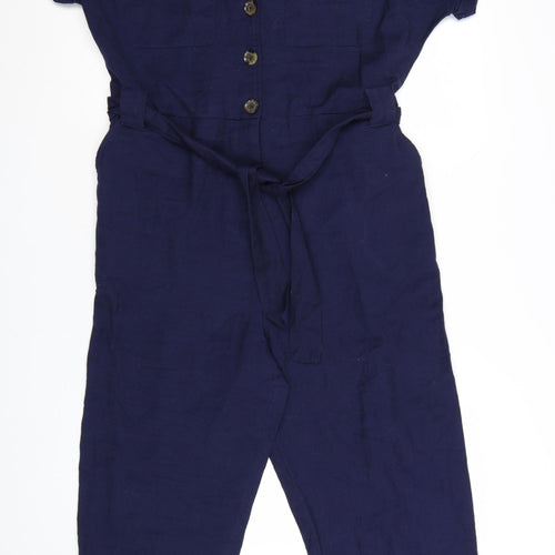 New Look Women's Blue Cotton Collared Belted Short Sleeve Jumpsuit Size 14