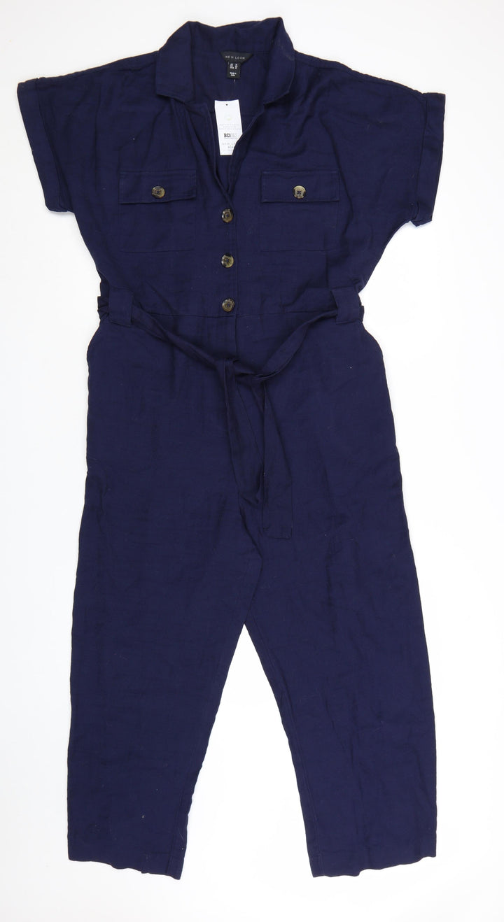 New Look Women's Blue Cotton Collared Belted Short Sleeve Jumpsuit Size 14