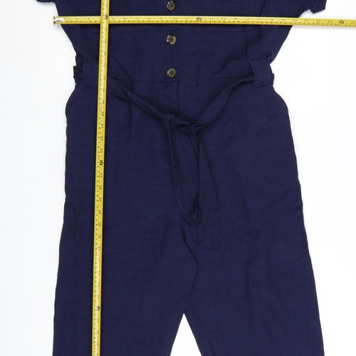 New Look Women's Blue Cotton Collared Belted Short Sleeve Jumpsuit Size 14