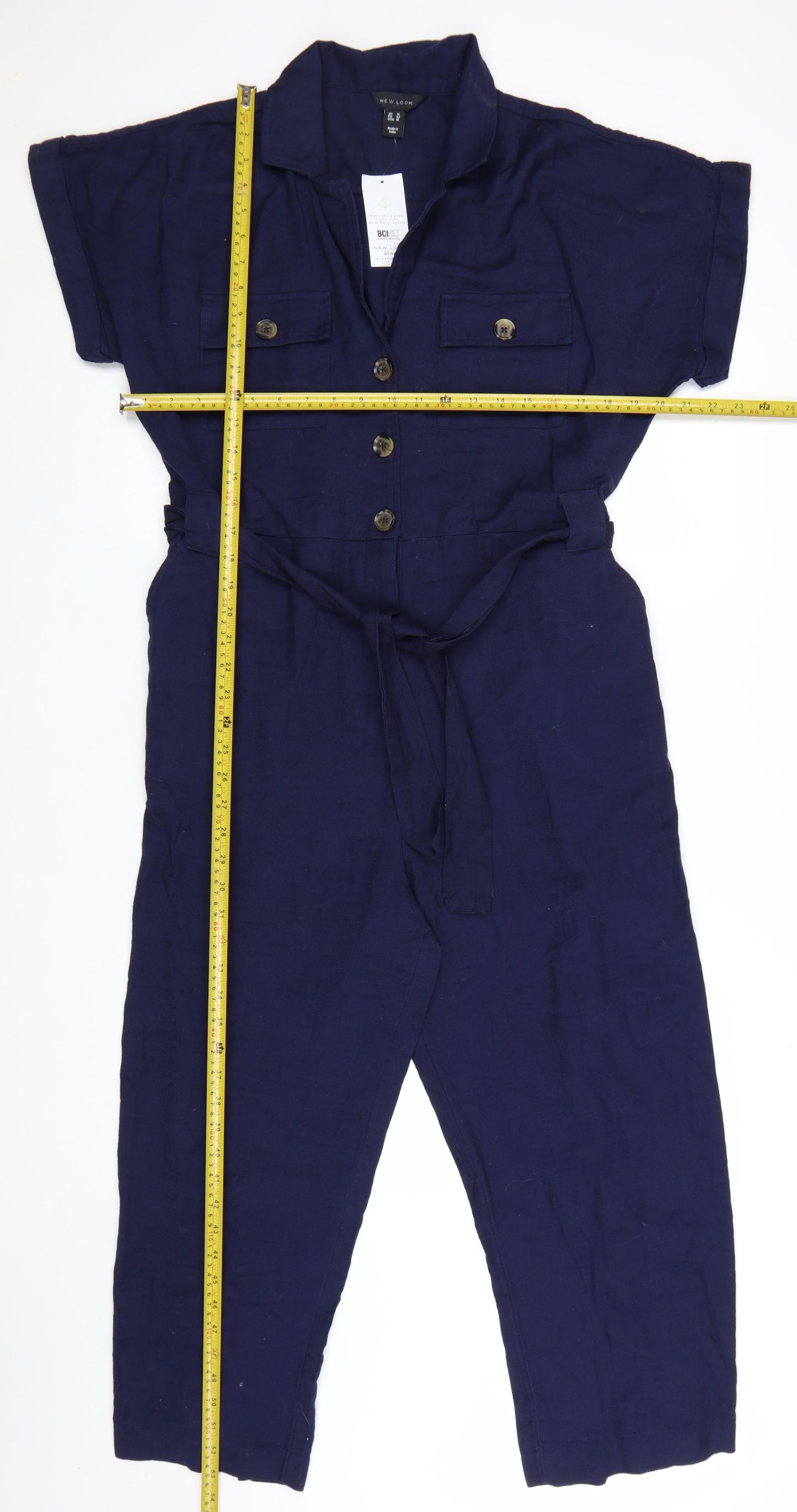 New Look Women's Blue Cotton Collared Belted Short Sleeve Jumpsuit Size 14