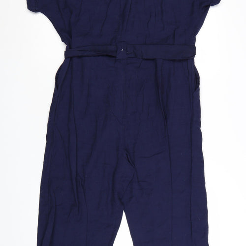 New Look Women's Blue Cotton Collared Belted Short Sleeve Jumpsuit Size 14