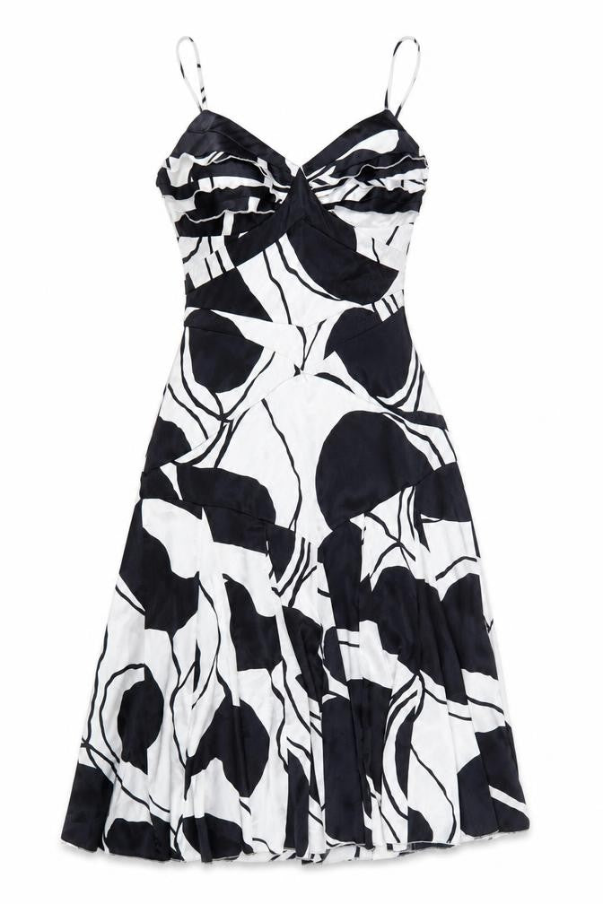 Front view of Elements Amanda Wakeley women’s black white fit & flare dress, size UK 12