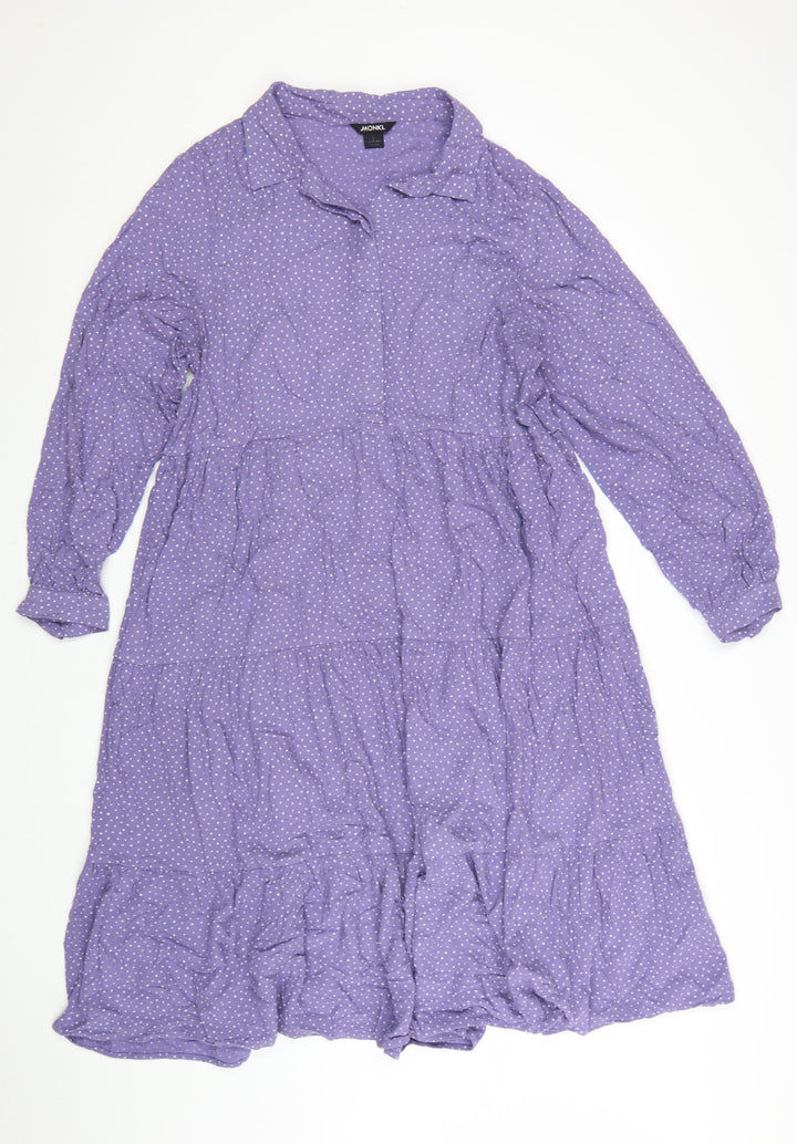 Monki Women Purple Polka Dot Cotton Shirt Dress L