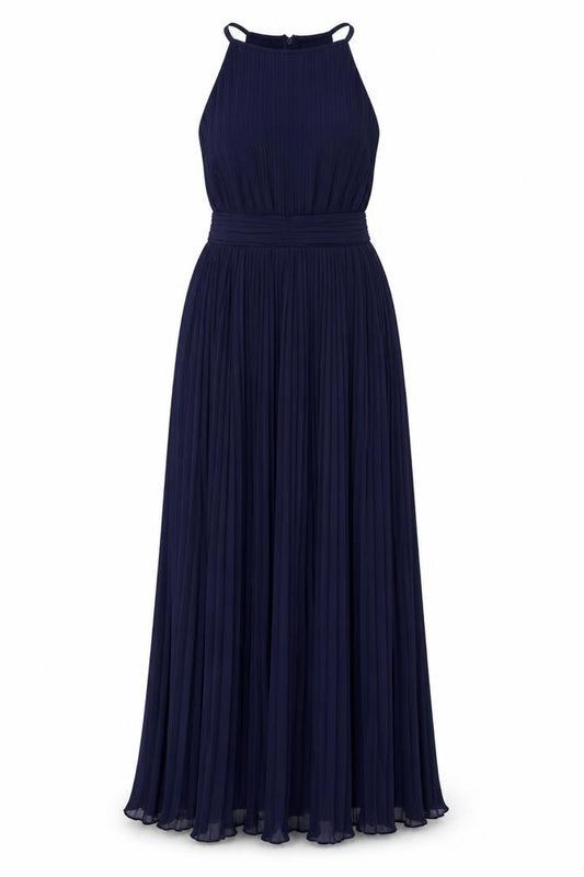 Front view of TFNC London Women's Blue Pleated Maxi Halter Dress, size 8