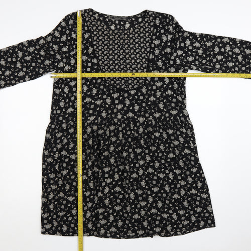 Zara Women Black Floral Skater Dress Size 14 Viscose