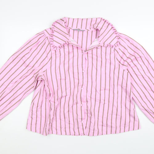 Oliver Bonas Women’s Pink Striped Ruffle Collar Cotton Blouse UK 14