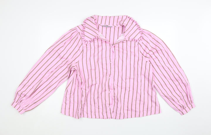 Oliver Bonas Women’s Pink Striped Ruffle Collar Cotton Blouse UK 14