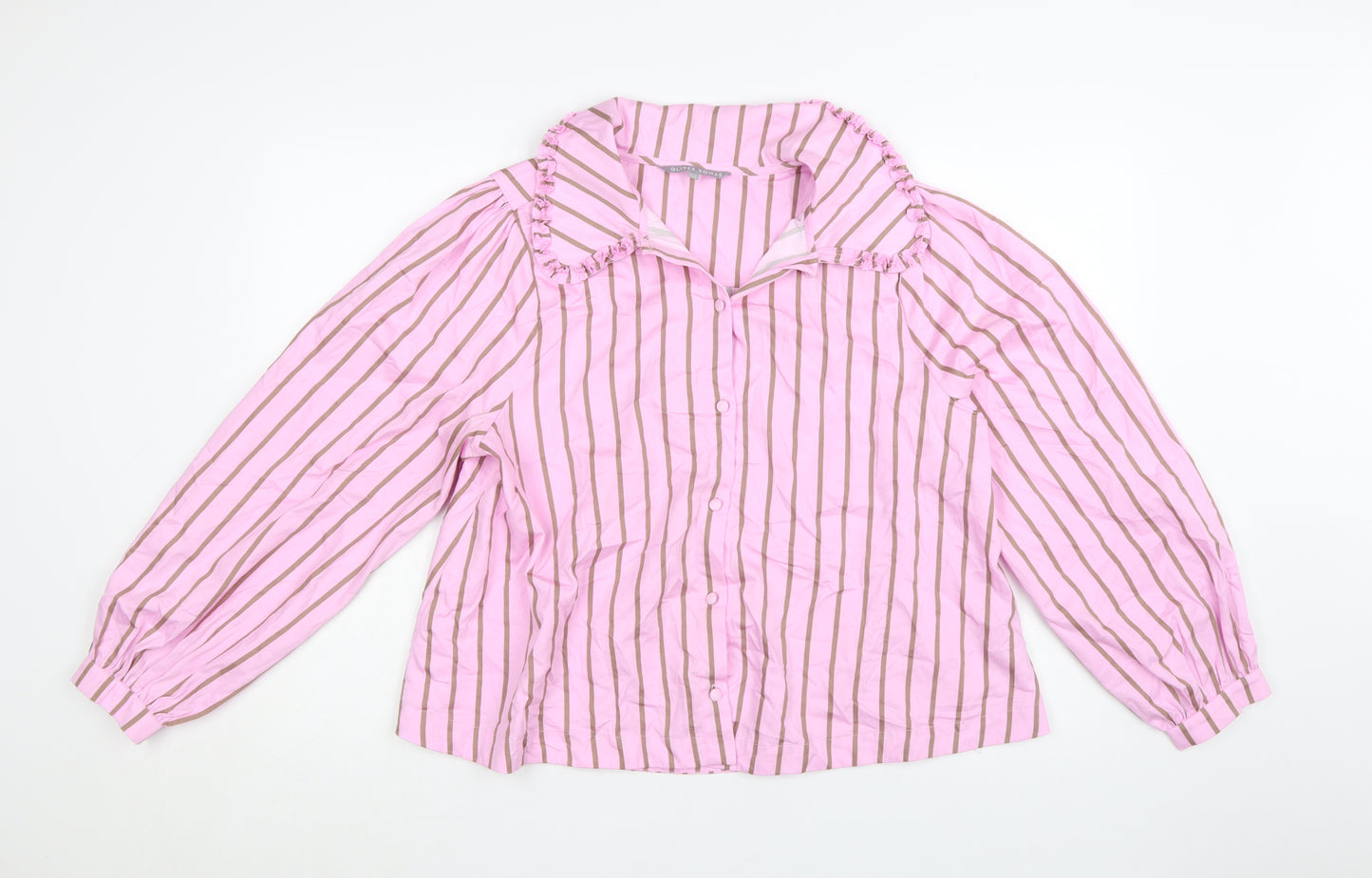 Oliver Bonas Women’s Pink Striped Ruffle Collar Cotton Blouse UK 14