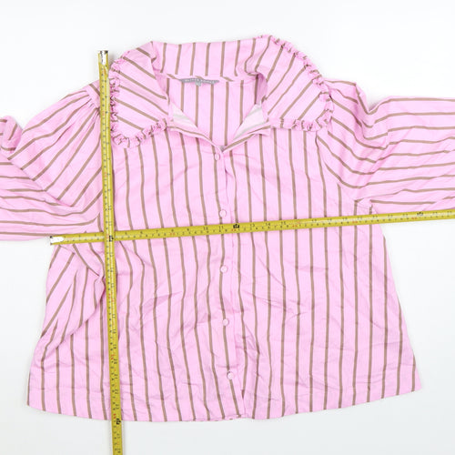 Oliver Bonas Women’s Pink Striped Ruffle Collar Cotton Blouse UK 14