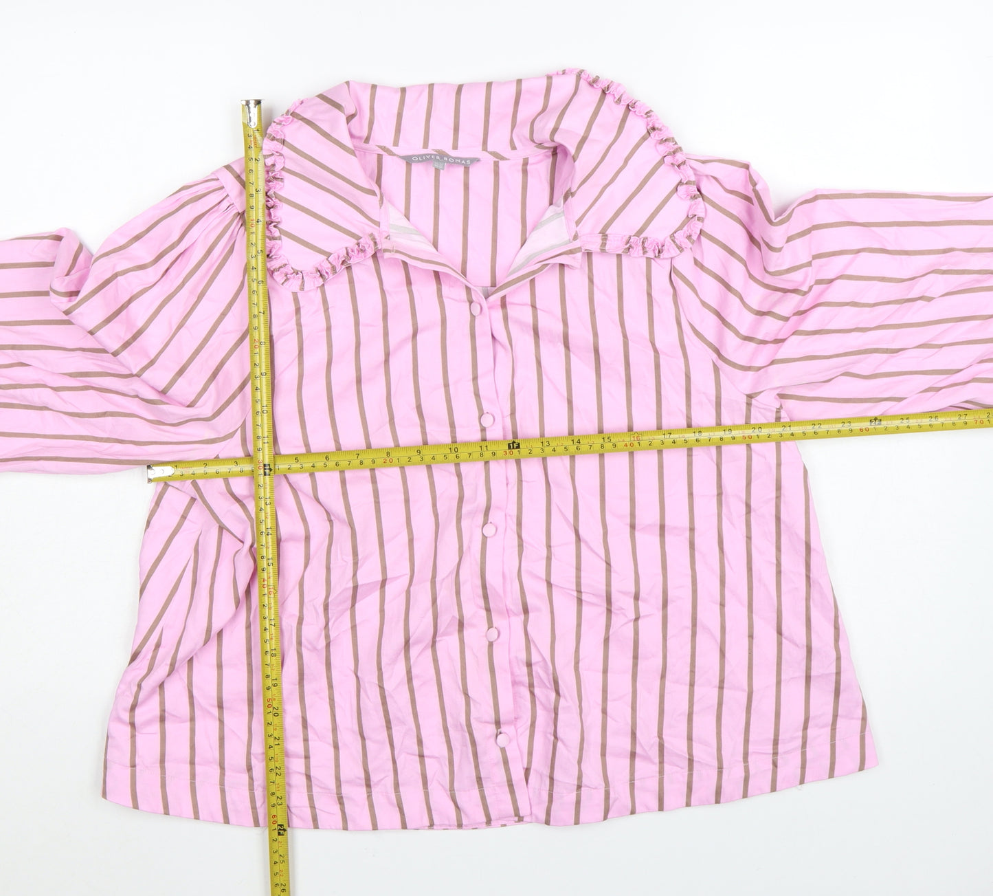Oliver Bonas Women’s Pink Striped Ruffle Collar Cotton Blouse UK 14