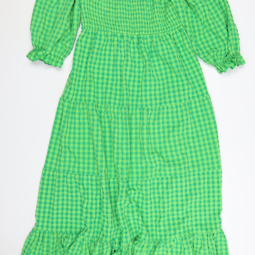 Boohoo Women Green Check Maxi Dress Size 18 Off Shoulder Ruffle
