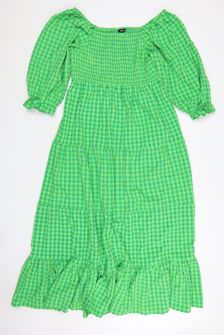 Boohoo Women Green Check Maxi Dress Size 18 Off Shoulder Ruffle