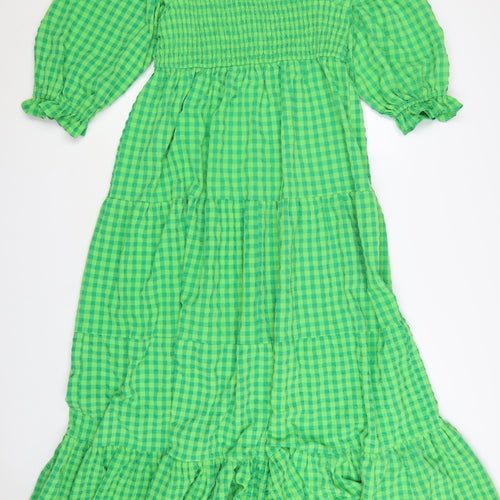Boohoo Women Green Check Maxi Dress Size 18 Off Shoulder Ruffle