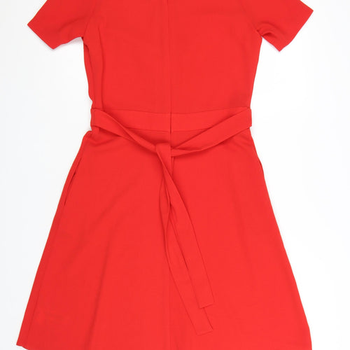 Next Women Red A-Line Short Sleeve Belted Knee Length Dress Size 6