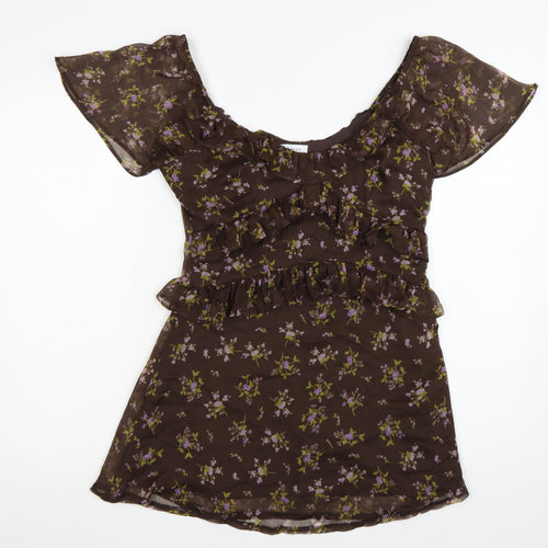 Topshop Women’s Brown Floral Ruffle Fit & Flare Short Dress Size 10