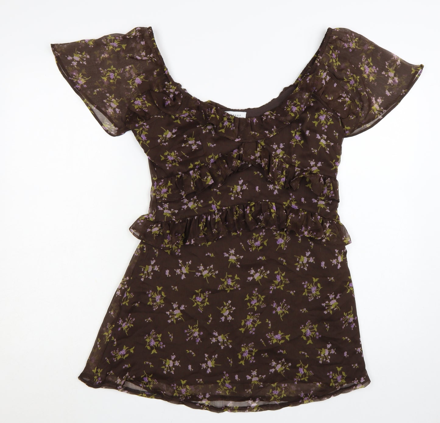 Topshop Women’s Brown Floral Ruffle Fit & Flare Short Dress Size 10
