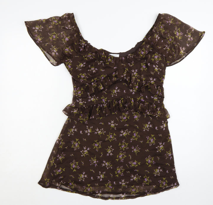 Topshop Women’s Brown Floral Ruffle Fit & Flare Short Dress Size 10
