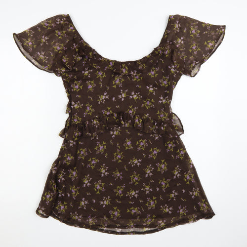 Topshop Women’s Brown Floral Ruffle Fit & Flare Short Dress Size 10
