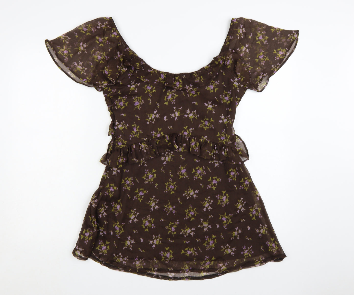 Topshop Women’s Brown Floral Ruffle Fit & Flare Short Dress Size 10