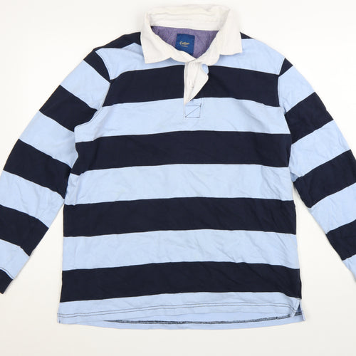 Cotton Traders Men's Blue Striped Long Sleeve Polo Shirt L