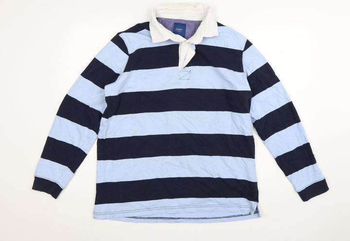 Cotton Traders Men's Blue Striped Long Sleeve Polo Shirt L