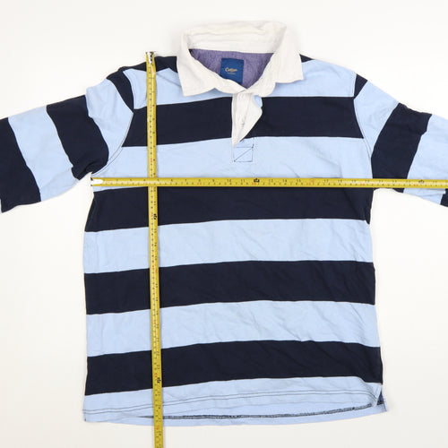 Cotton Traders Men's Blue Striped Long Sleeve Polo Shirt L