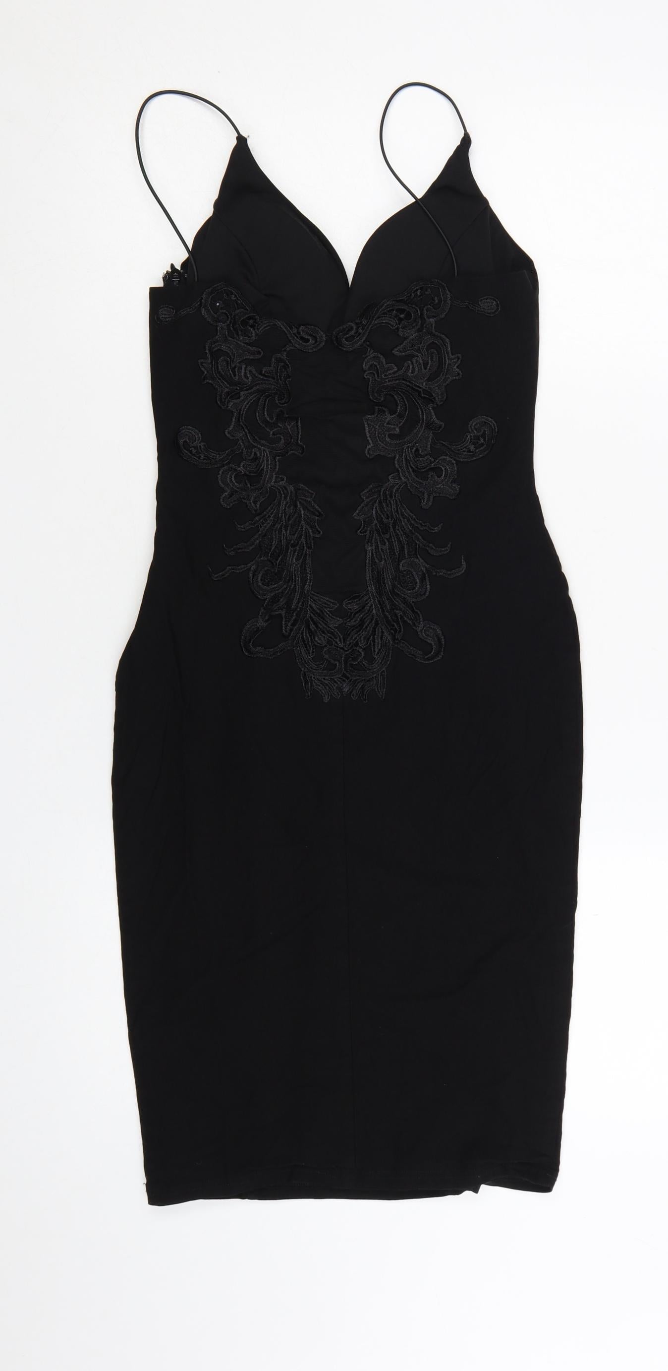 Rare London Women’s Black Bodycon Embroidered Dress UK 10