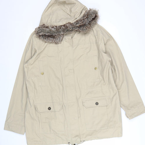 Cotton Traders Women’s Beige Parka Coat Size 18 Hooded Faux Fur Trim
