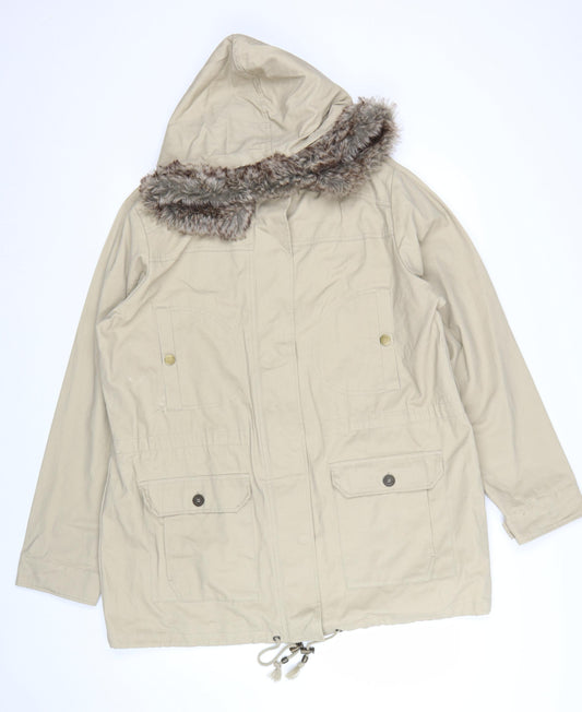 Cotton Traders Women’s Beige Parka Coat Size 18 Hooded Faux Fur Trim