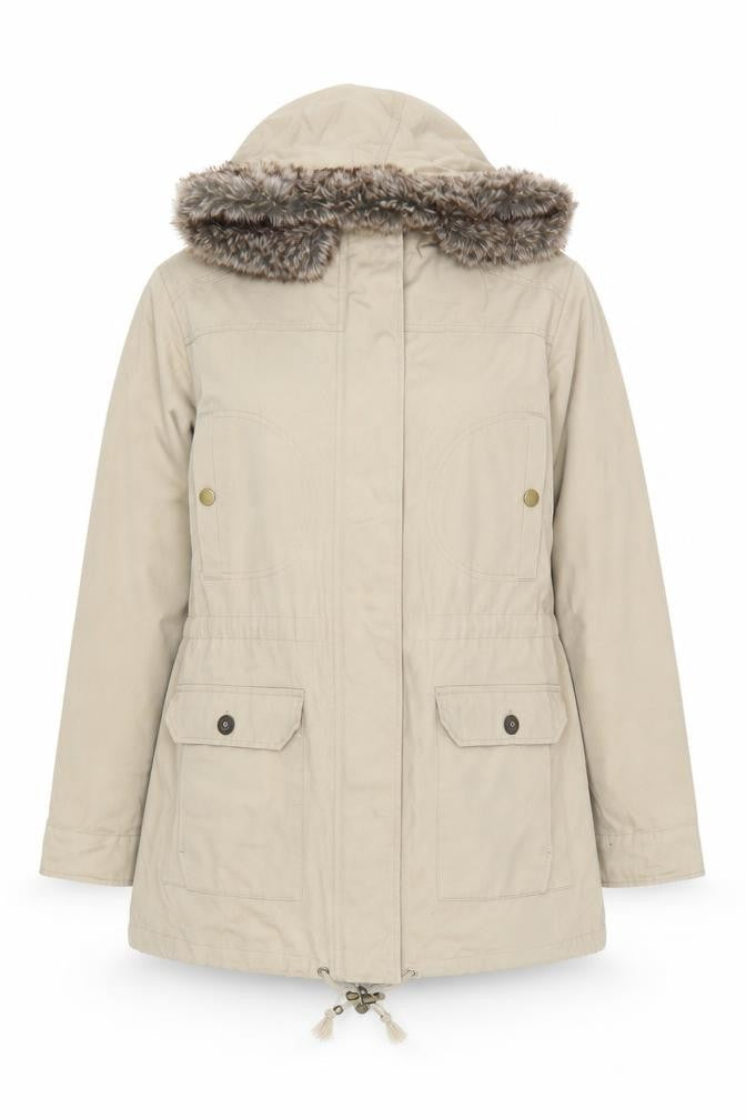 Cotton Traders Women’s Beige Parka Coat Size 18 Hooded Faux Fur Trim