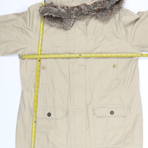 Cotton Traders Women’s Beige Parka Coat Size 18 Hooded Faux Fur Trim