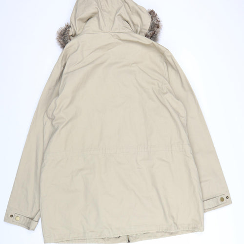 Cotton Traders Women’s Beige Parka Coat Size 18 Hooded Faux Fur Trim