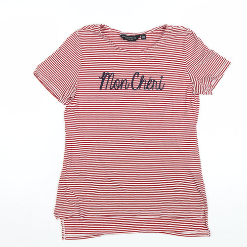 Dorothy Perkins Women Red Striped Mon Cheri T-Shirt Size 10